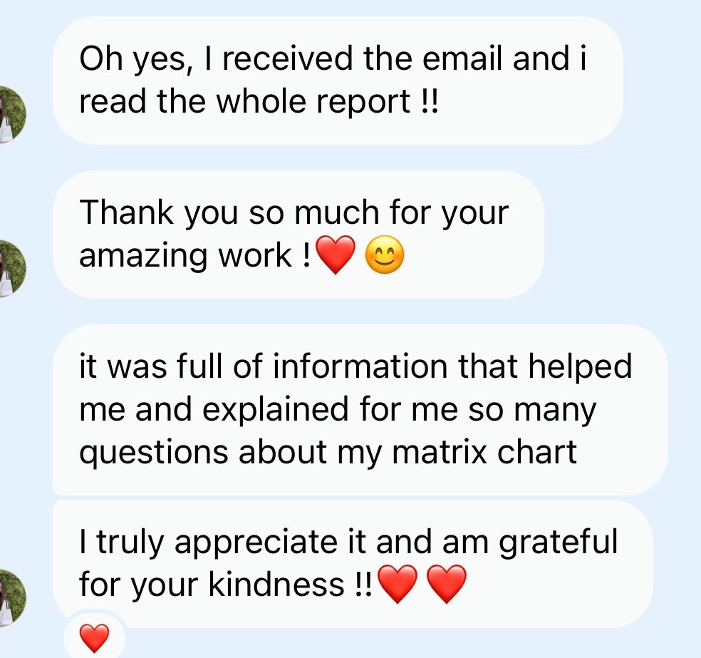 Client feedback on personal Matrix of Destiny chart analysis